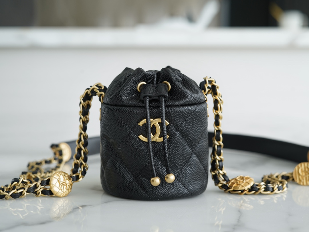 Chanel 22A Gold Mini Nano Bucket Bag Black Lizard-Print Calfskin  