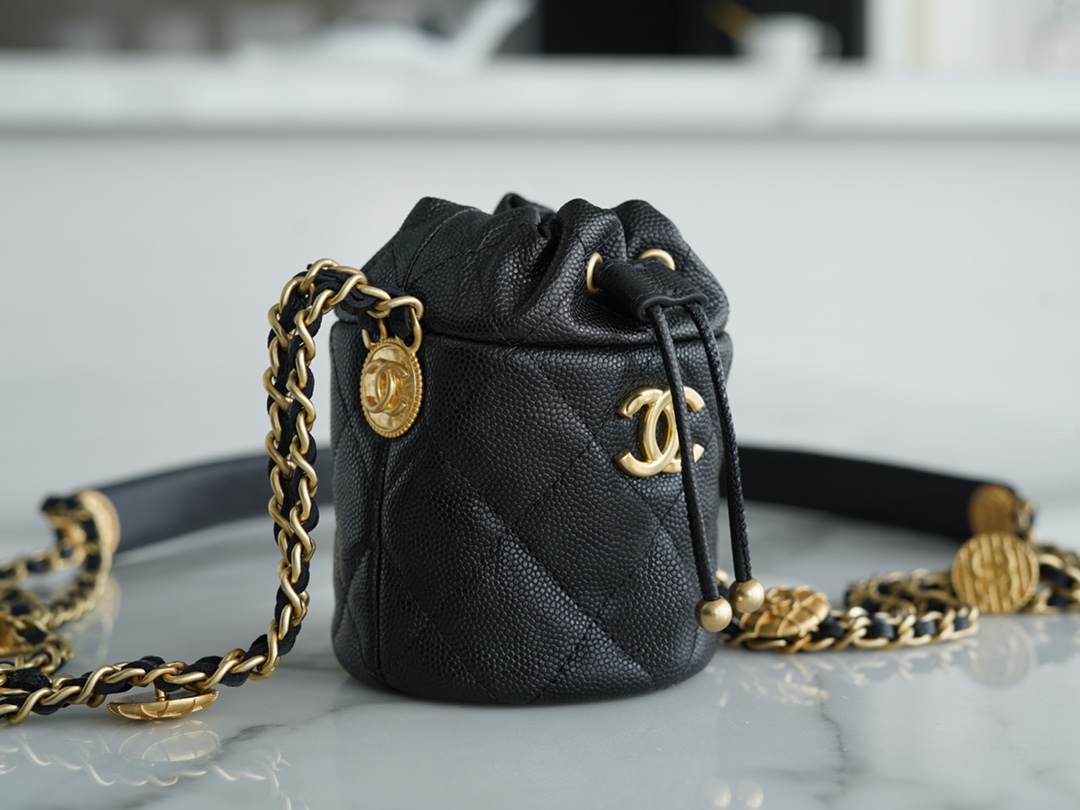 Chanel 22A Gold Mini Nano Bucket Bag Black Lizard-Print Calfskin  