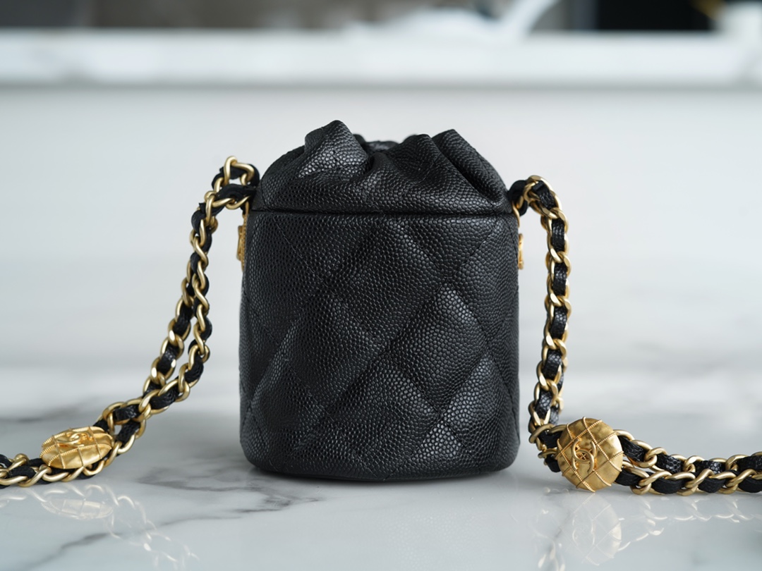 Chanel 22A Gold Mini Nano Bucket Bag Black Lizard-Print Calfskin  