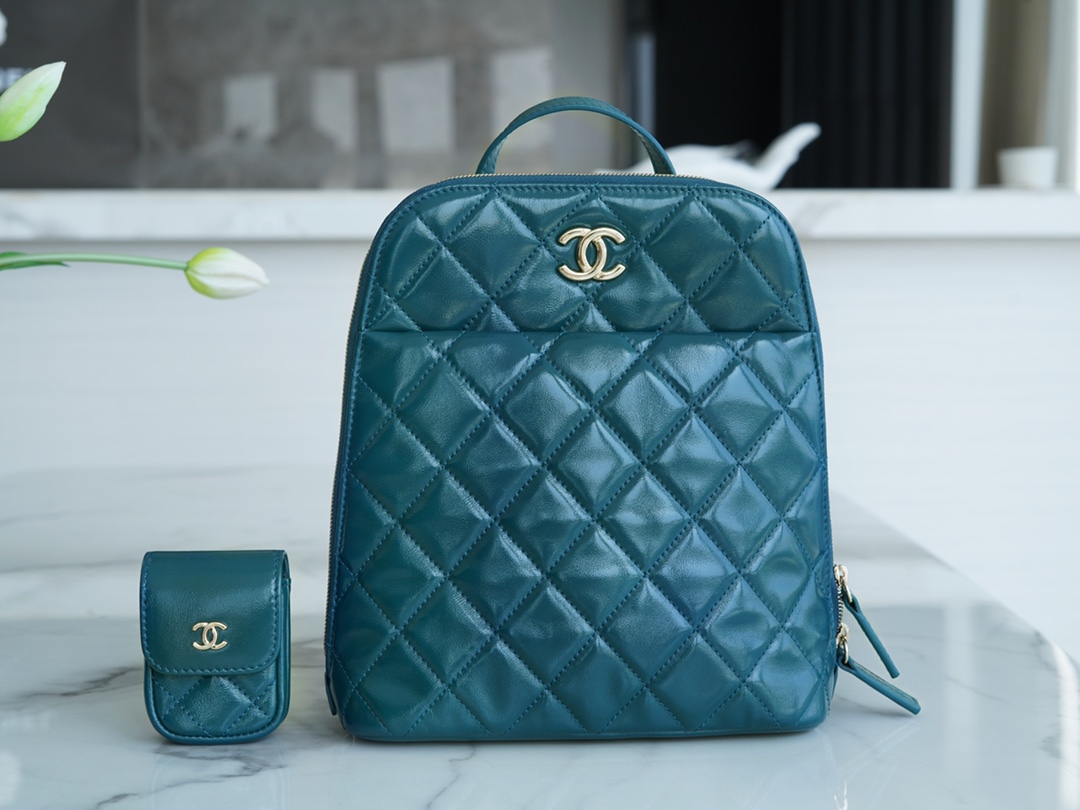 Chanel 22A Glossy Calfskin Backpack Lake Blue  