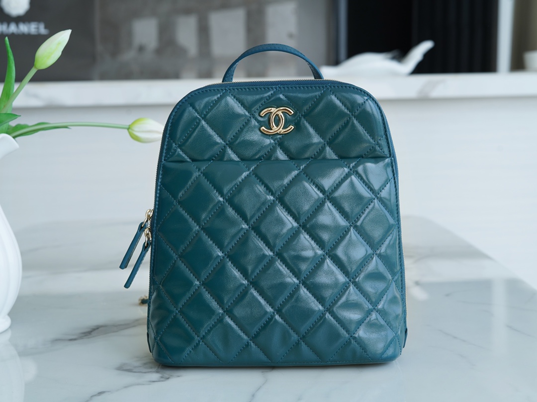 Chanel 22A Glossy Calfskin Backpack Lake Blue  