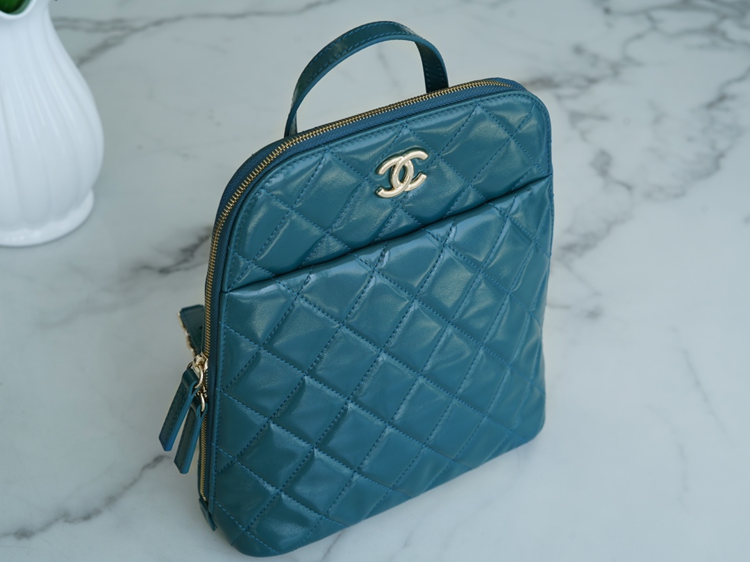 Chanel 22A Glossy Calfskin Backpack Lake Blue  