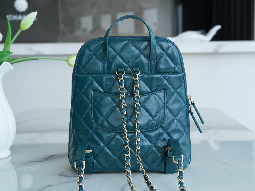 Chanel 22A Glossy Calfskin Backpack Lake Blue  