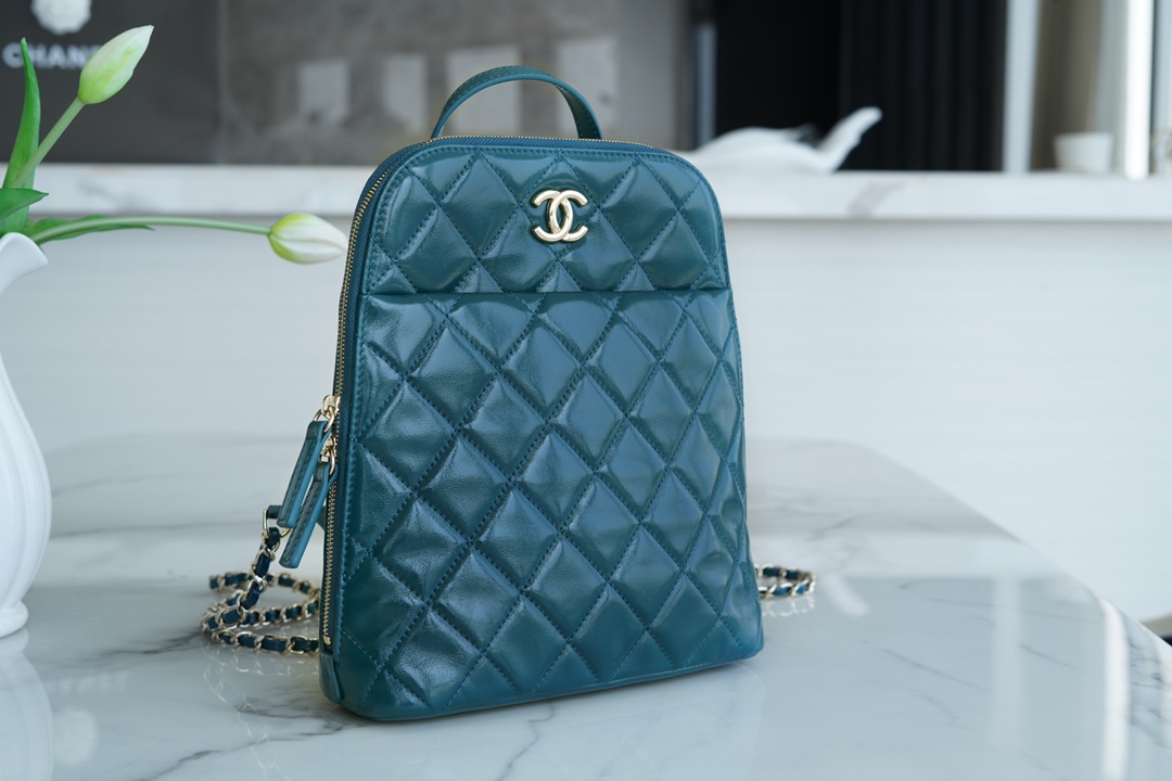 Chanel 22A Glossy Calfskin Backpack Lake Blue  