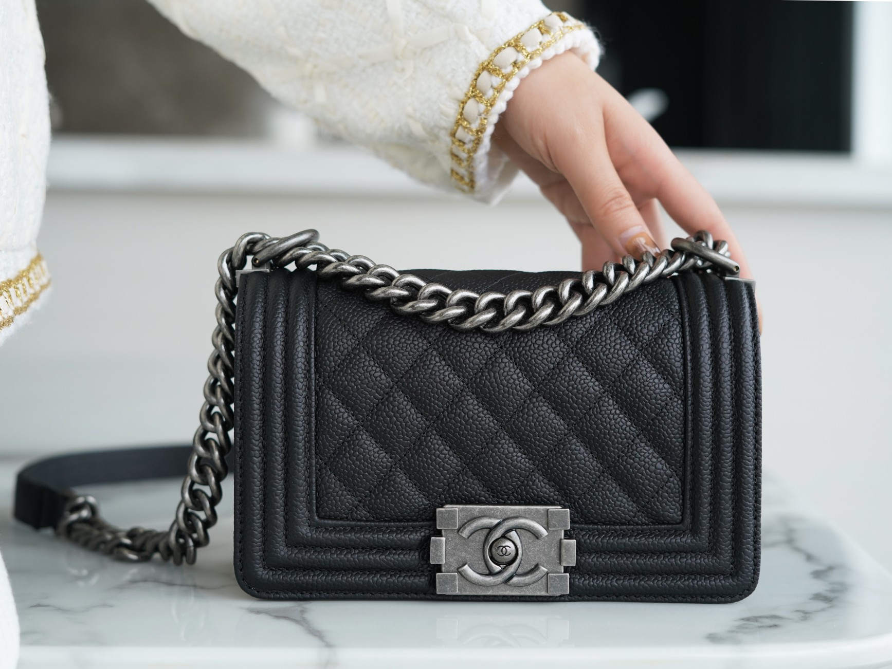 Chanel Leboy Large Quilted Black and Silver Small Caviar Calfskin  