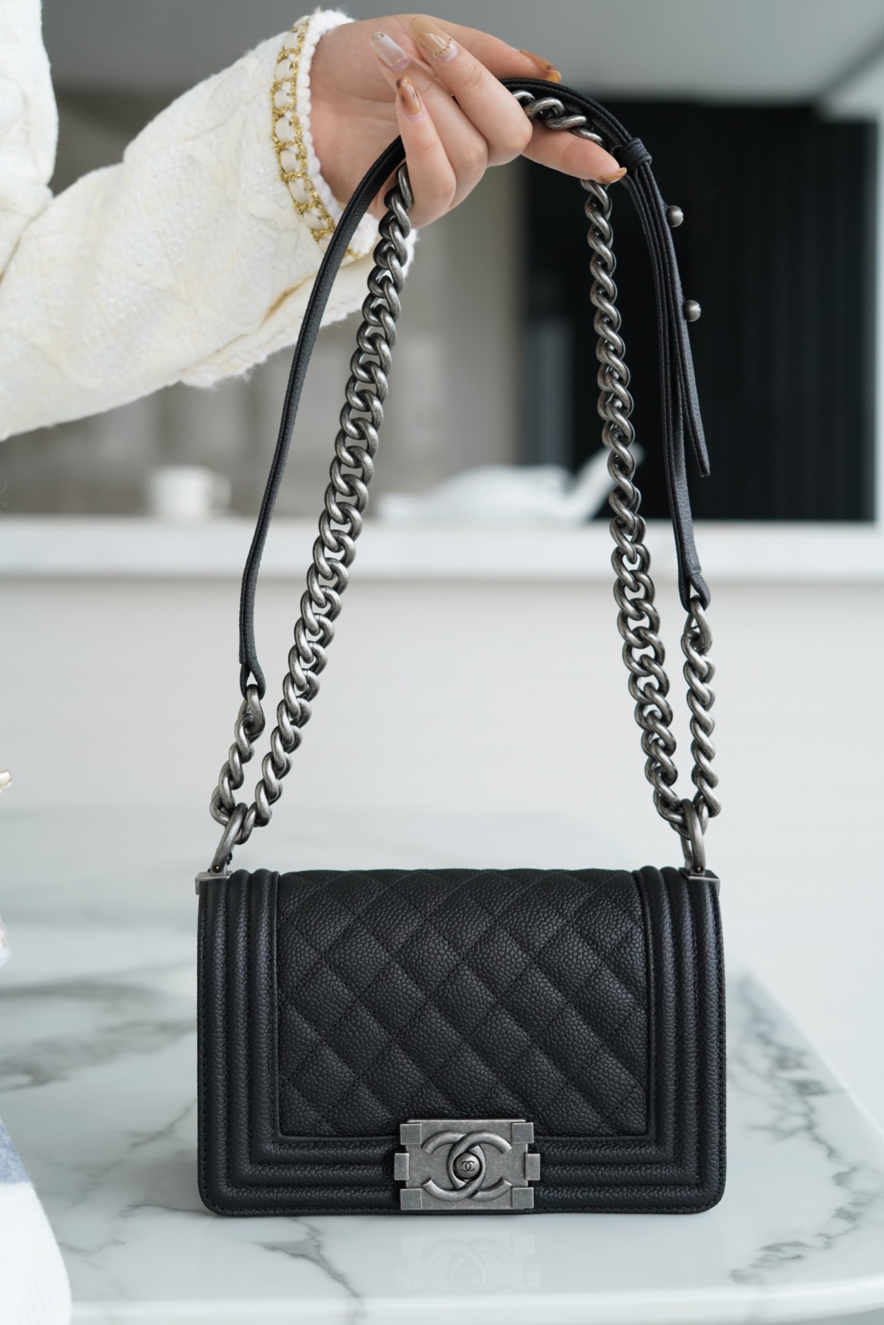 Chanel Leboy Large Quilted Black and Silver Small Caviar Calfskin  