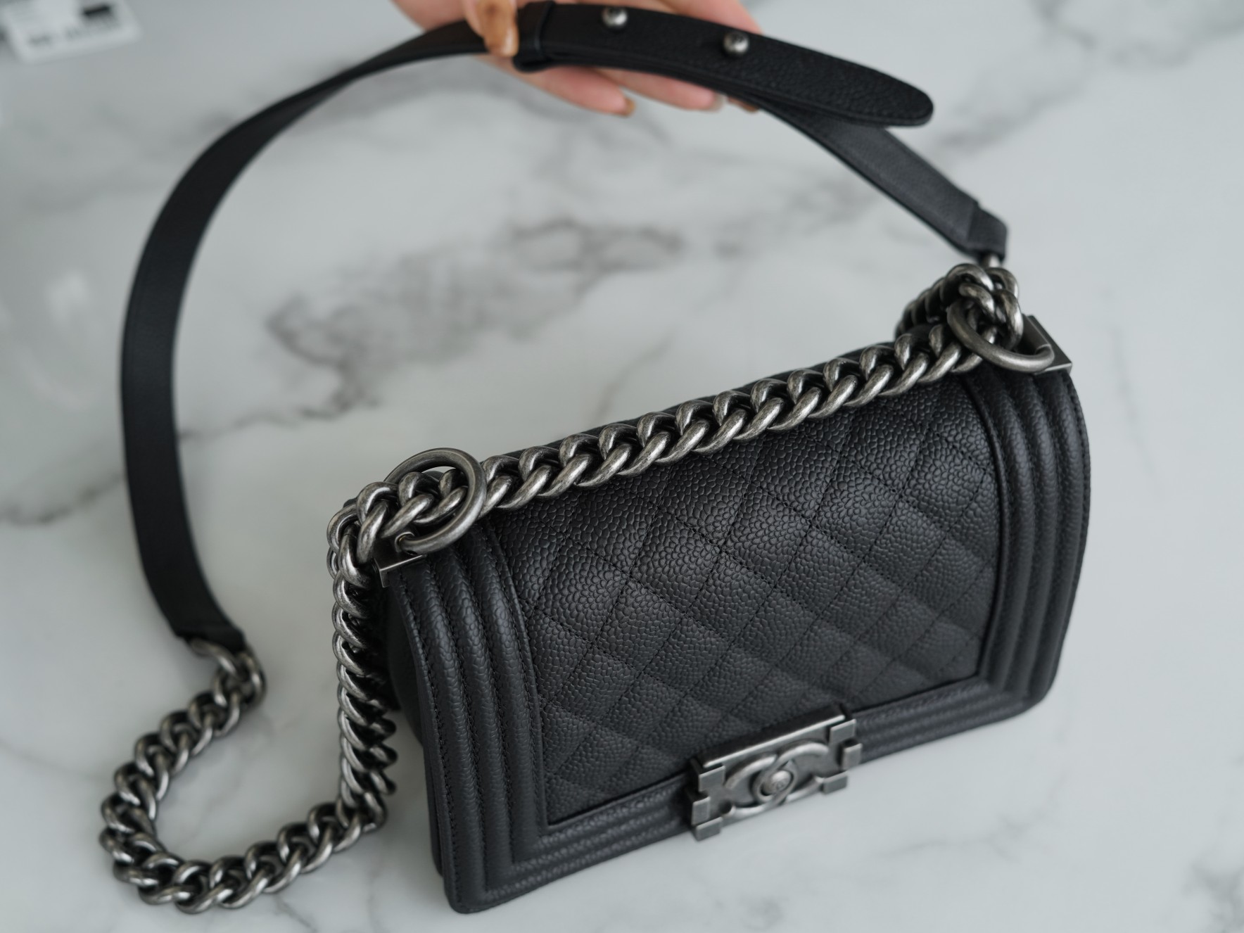 Chanel Leboy Large Quilted Black and Silver Small Caviar Calfskin  