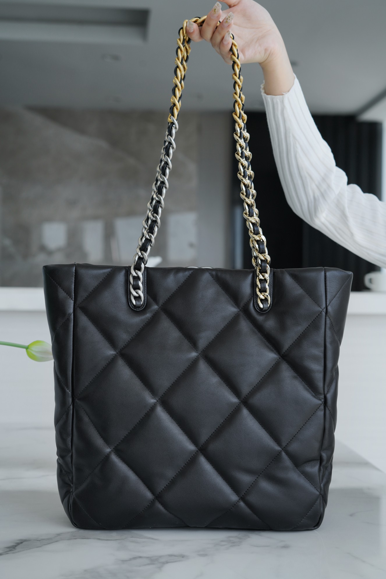 Chanel 22B 19 Bag Tote Black and Silver Small Lambskin  