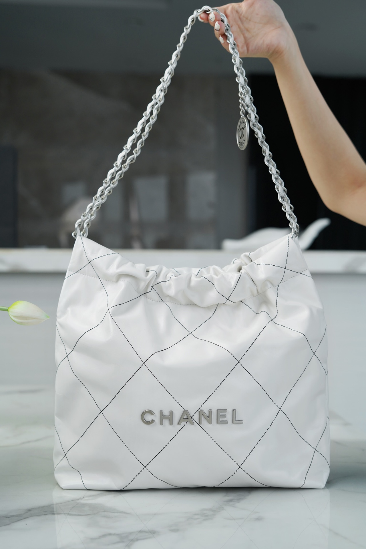 Chanel 22P 22 Bag White and Silver with Black Line  