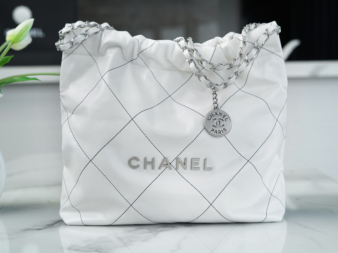 Chanel 22P 22 Bag White and Silver with Black Line  