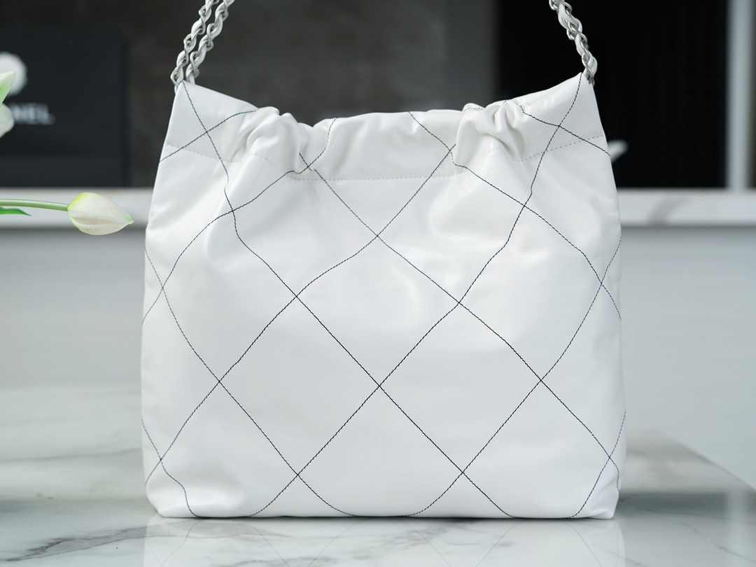 Chanel 22P 22 Bag White and Silver with Black Line  