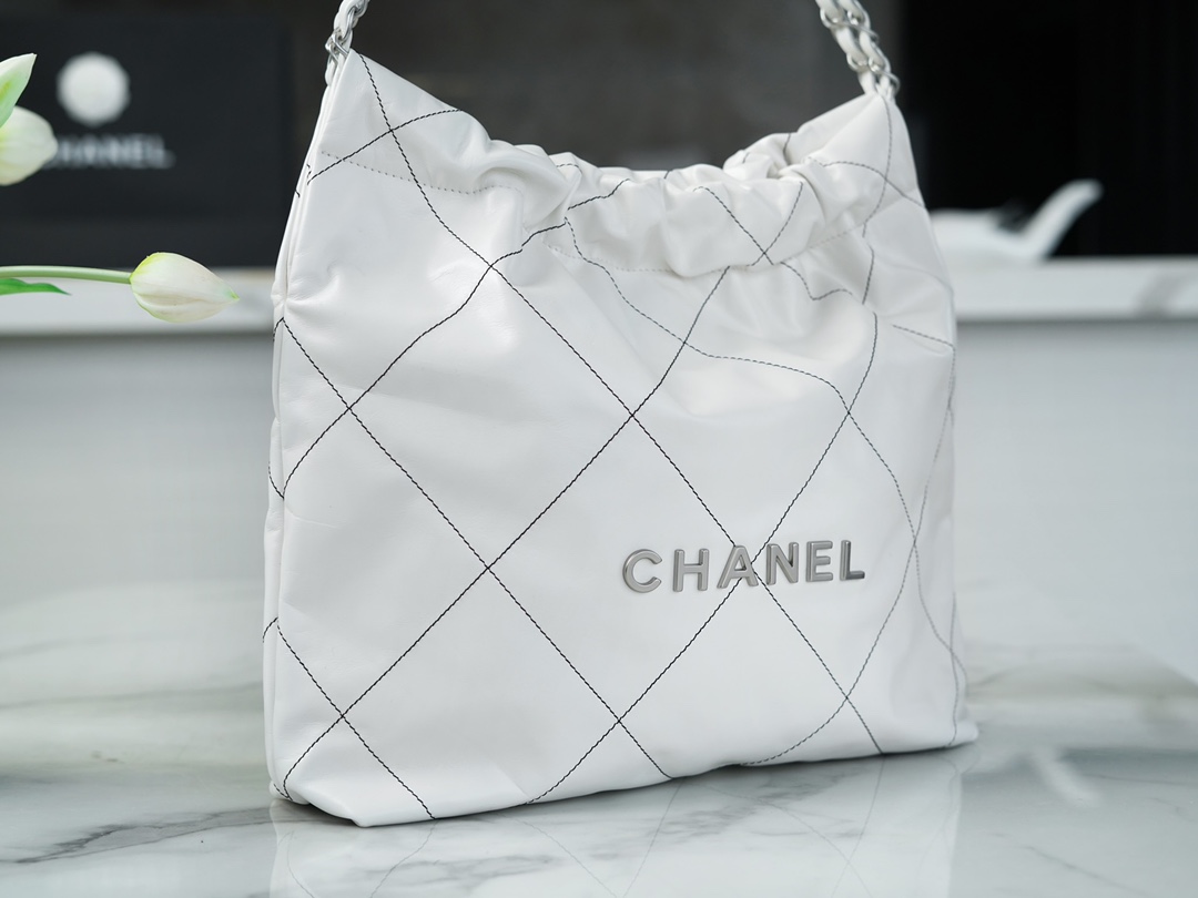 Chanel 22P 22 Bag White and Silver with Black Line  