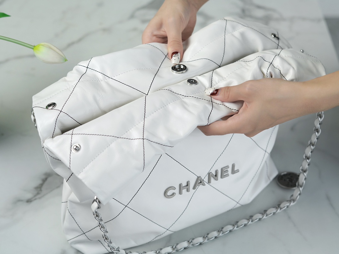 Chanel 22P 22 Bag White and Silver with Black Line  