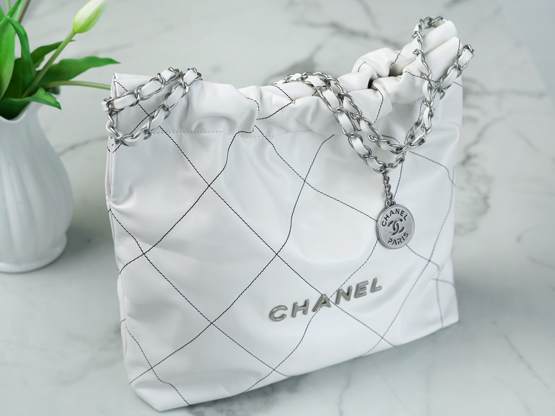 Chanel 22P 22 Bag White and Silver with Black Line  