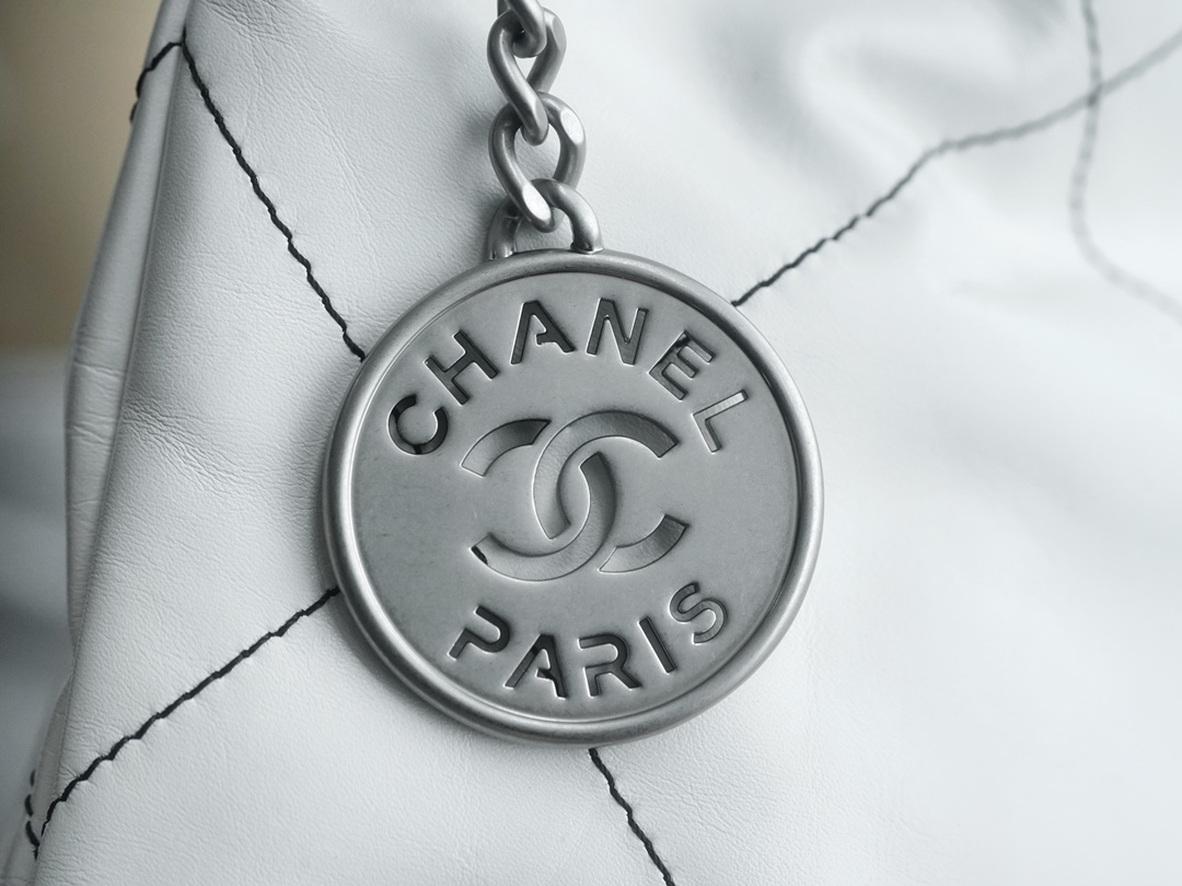 Chanel 22P 22 Bag White and Silver with Black Line  