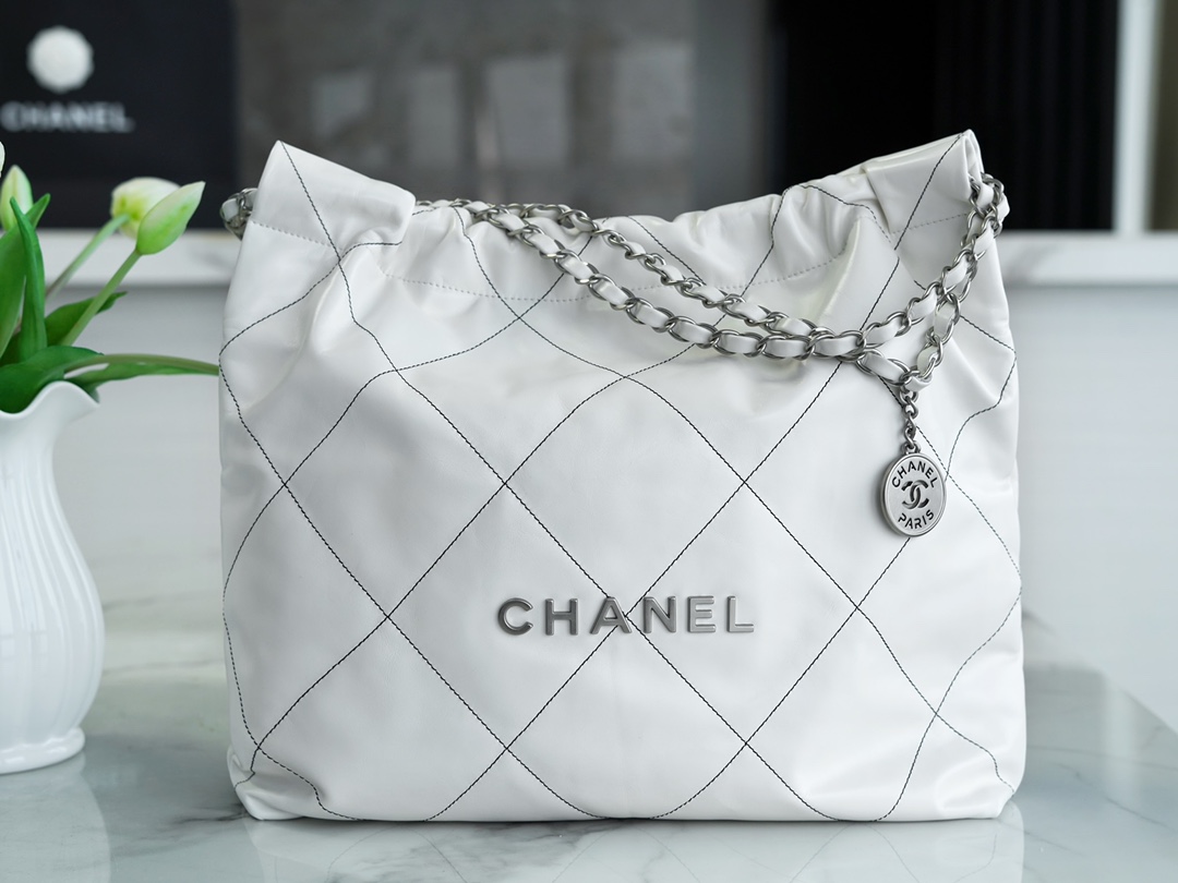 Chanel 22P 22 Bag Medium White and Silver with Black Line  