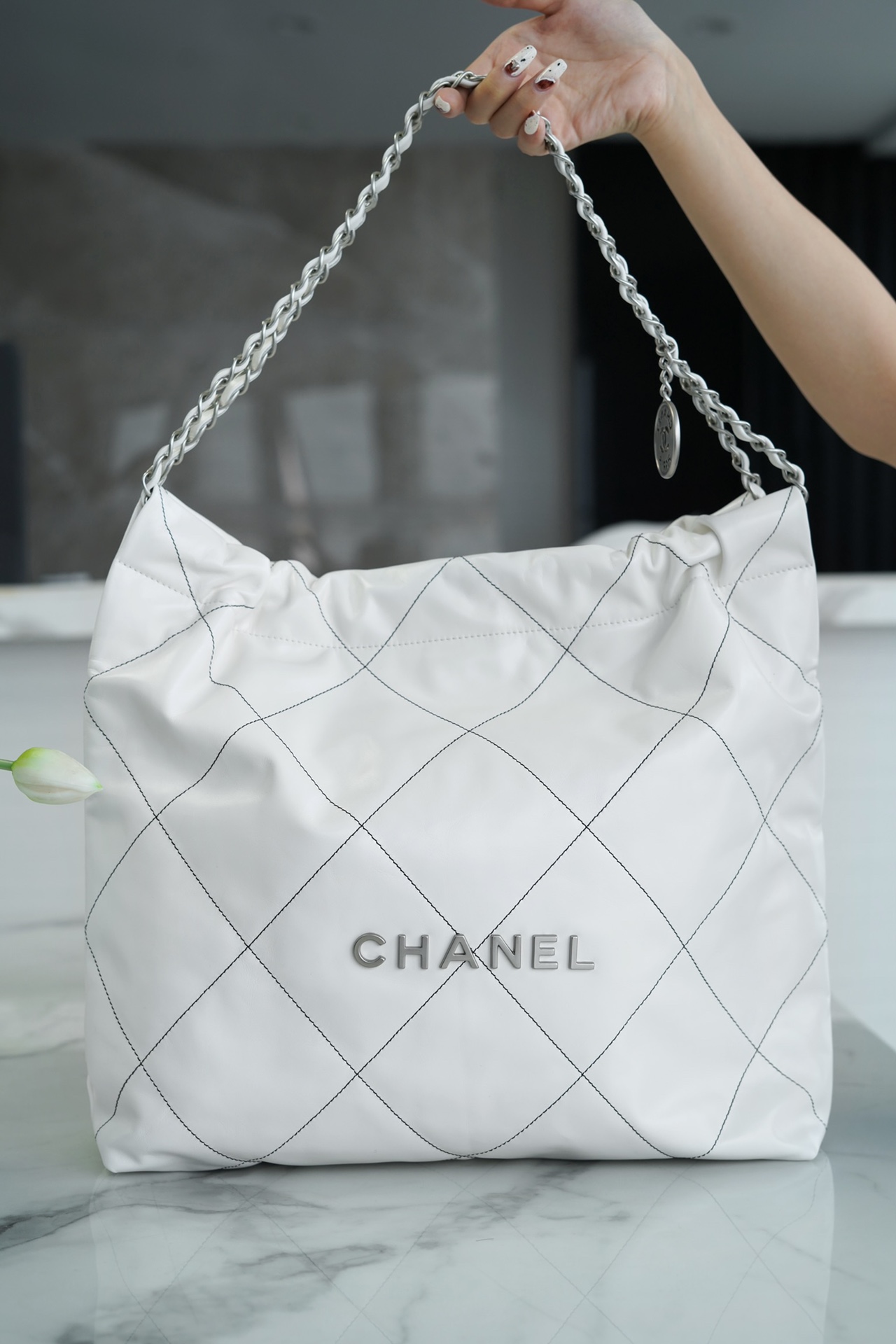 Chanel 22P 22 Bag Medium White and Silver with Black Line  