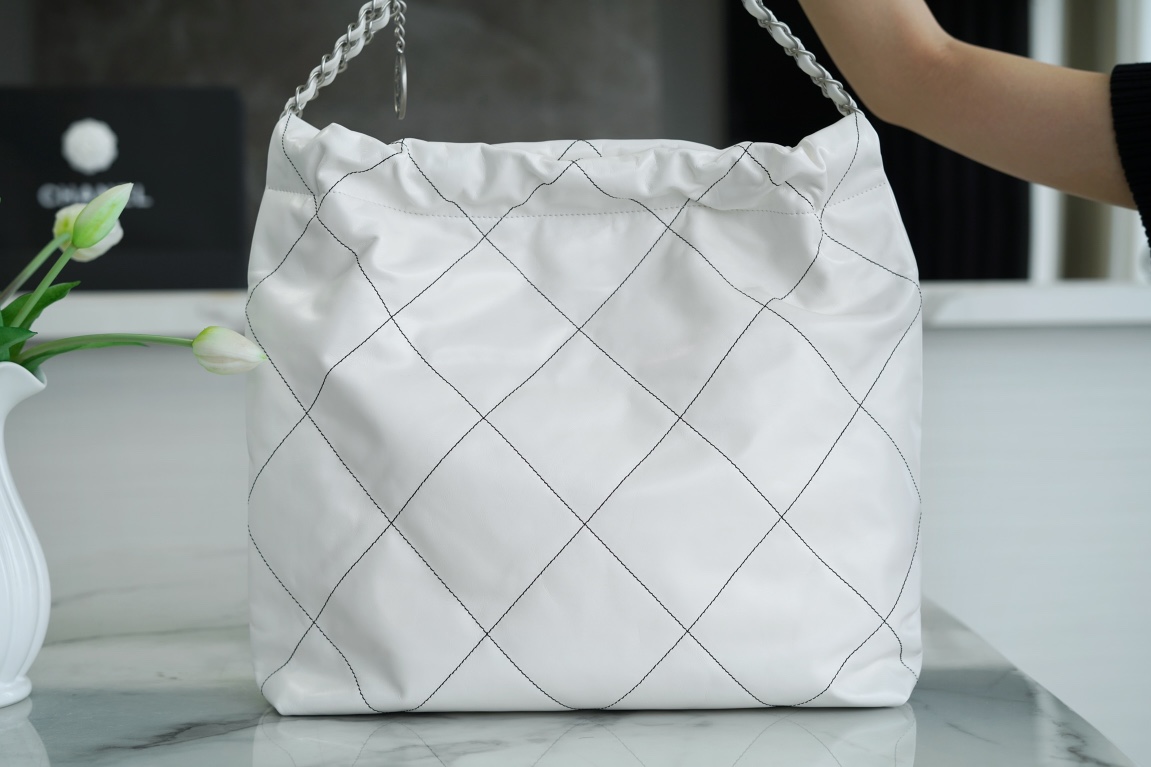 Chanel 22P 22 Bag Medium White and Silver with Black Line  