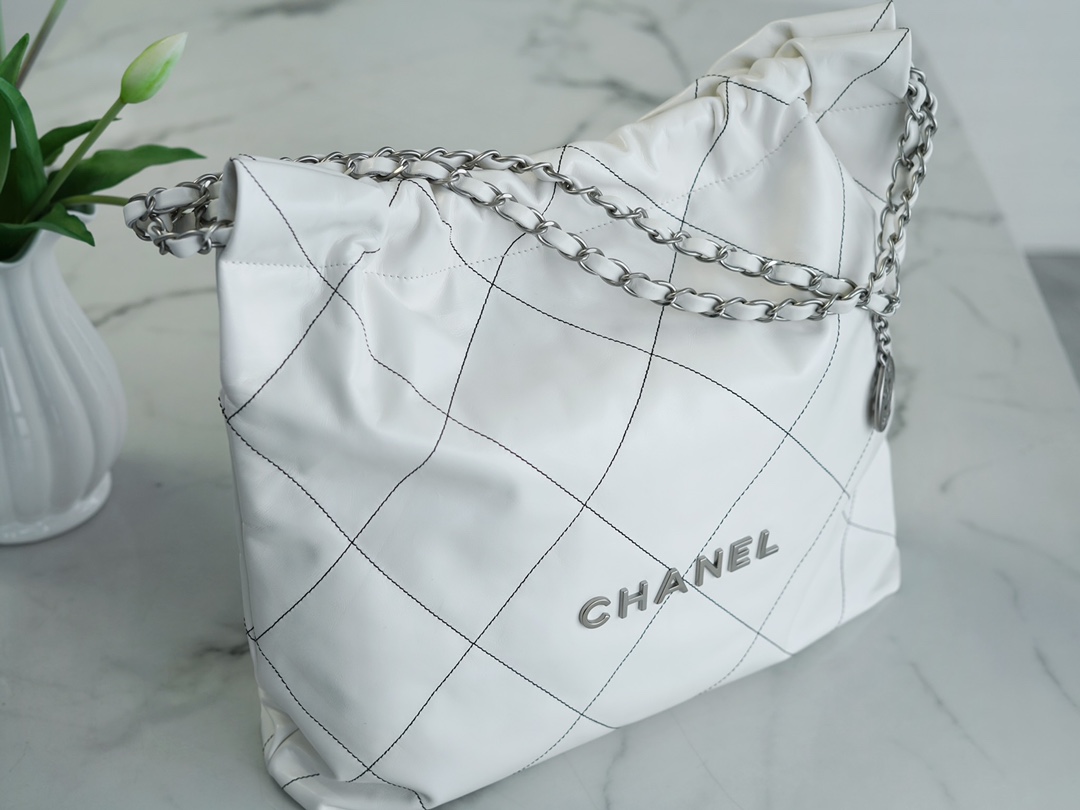 Chanel 22P 22 Bag Medium White and Silver with Black Line  