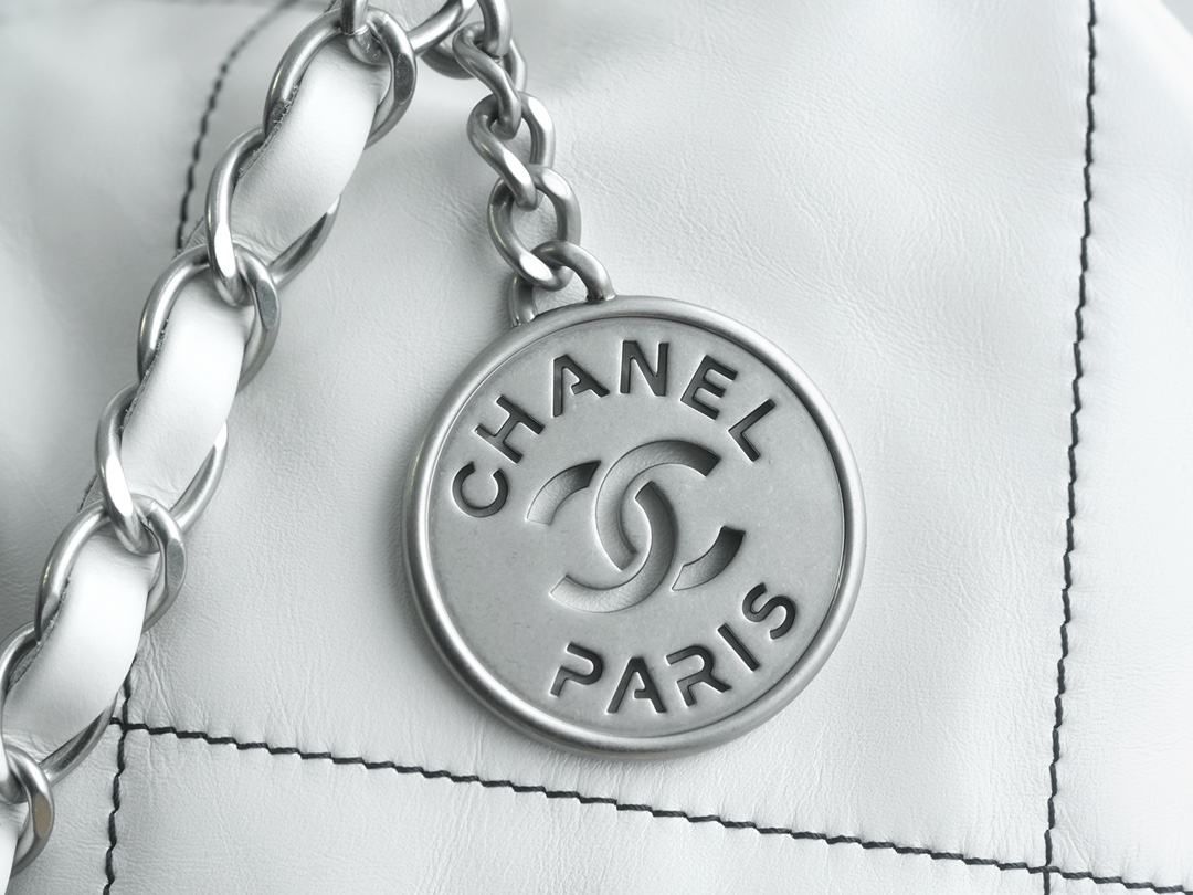 Chanel 22P 22 Bag Medium White and Silver with Black Line  