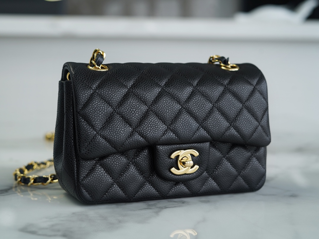 CF Mini Classic Flap Lizard-Print Calfskin Black and Gold  