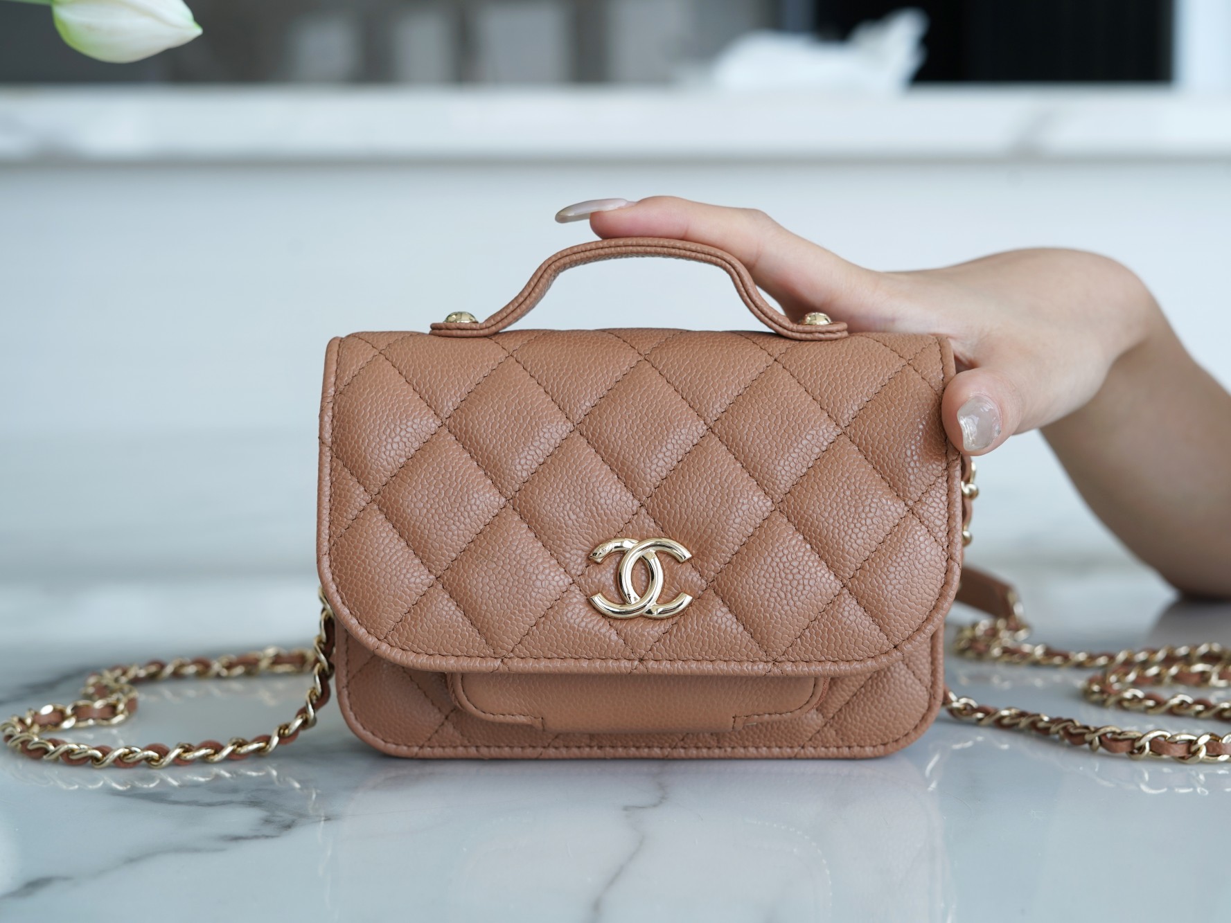 Chanel 22B Mini Postman Bag Caramel Caviar Calfskin  