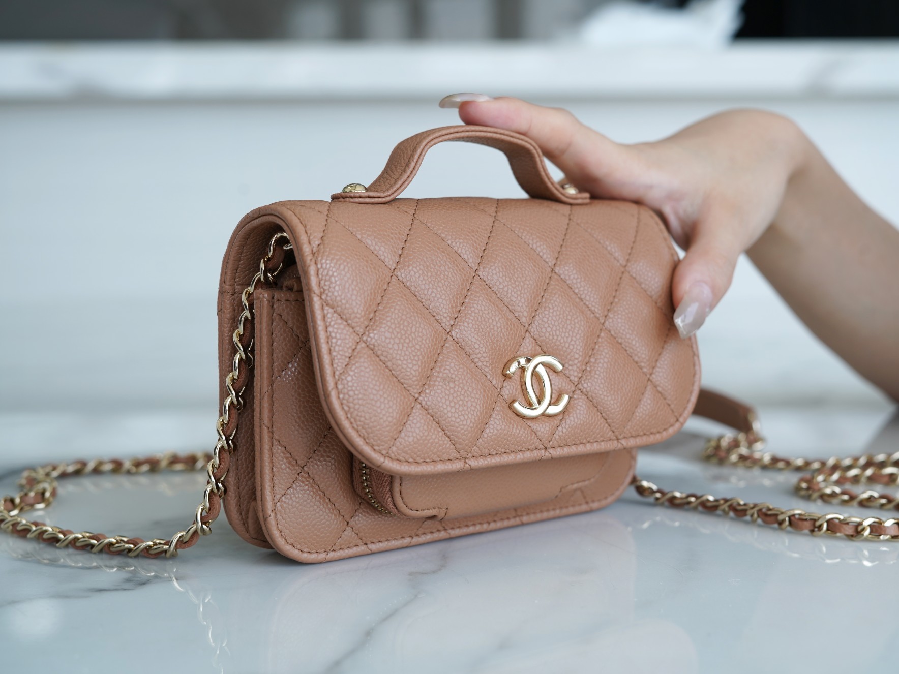 Chanel 22B Mini Postman Bag Caramel Caviar Calfskin  