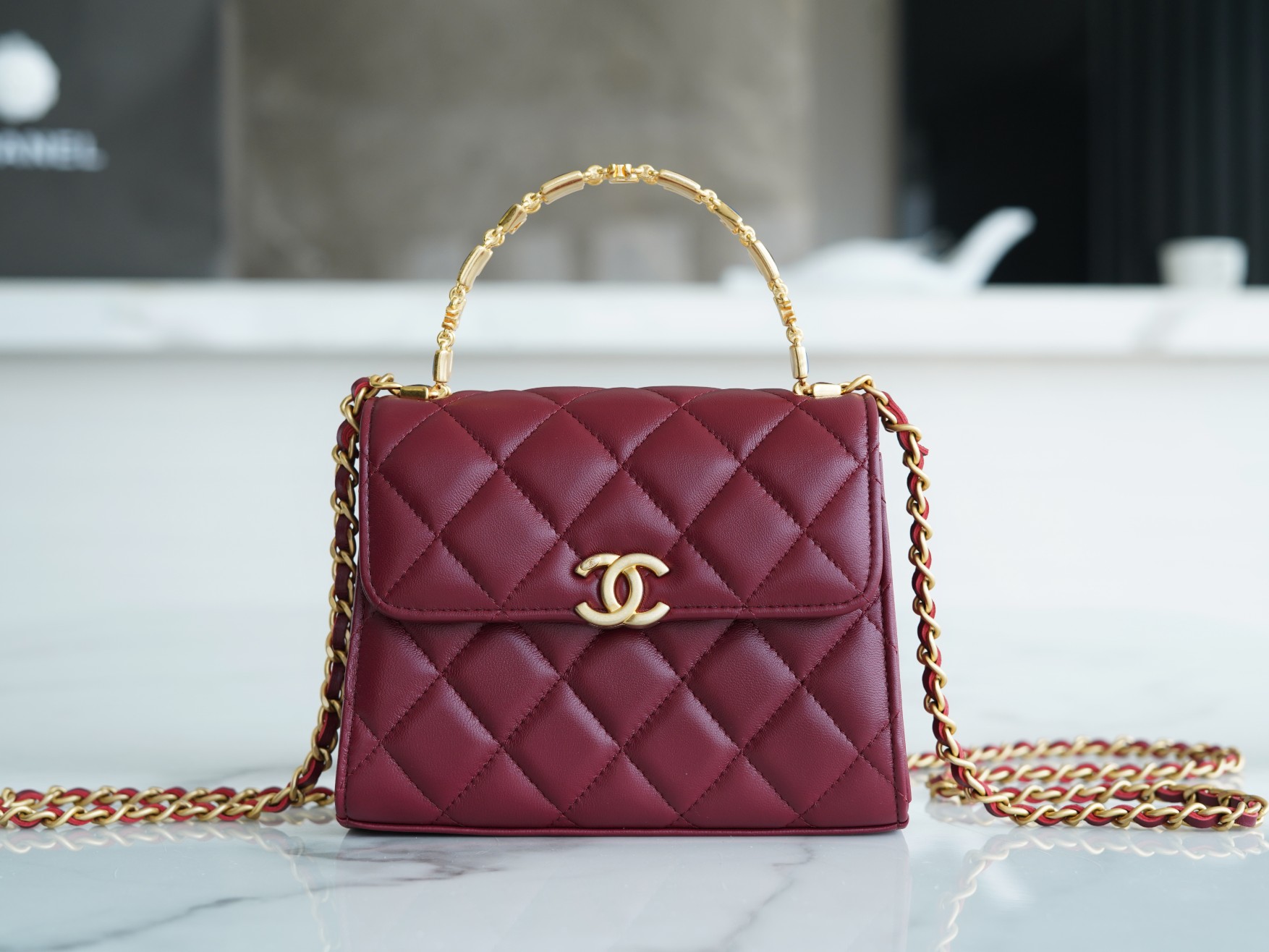 Chanel 22B Enamel Handle Chain Bag Medium Wine Red  