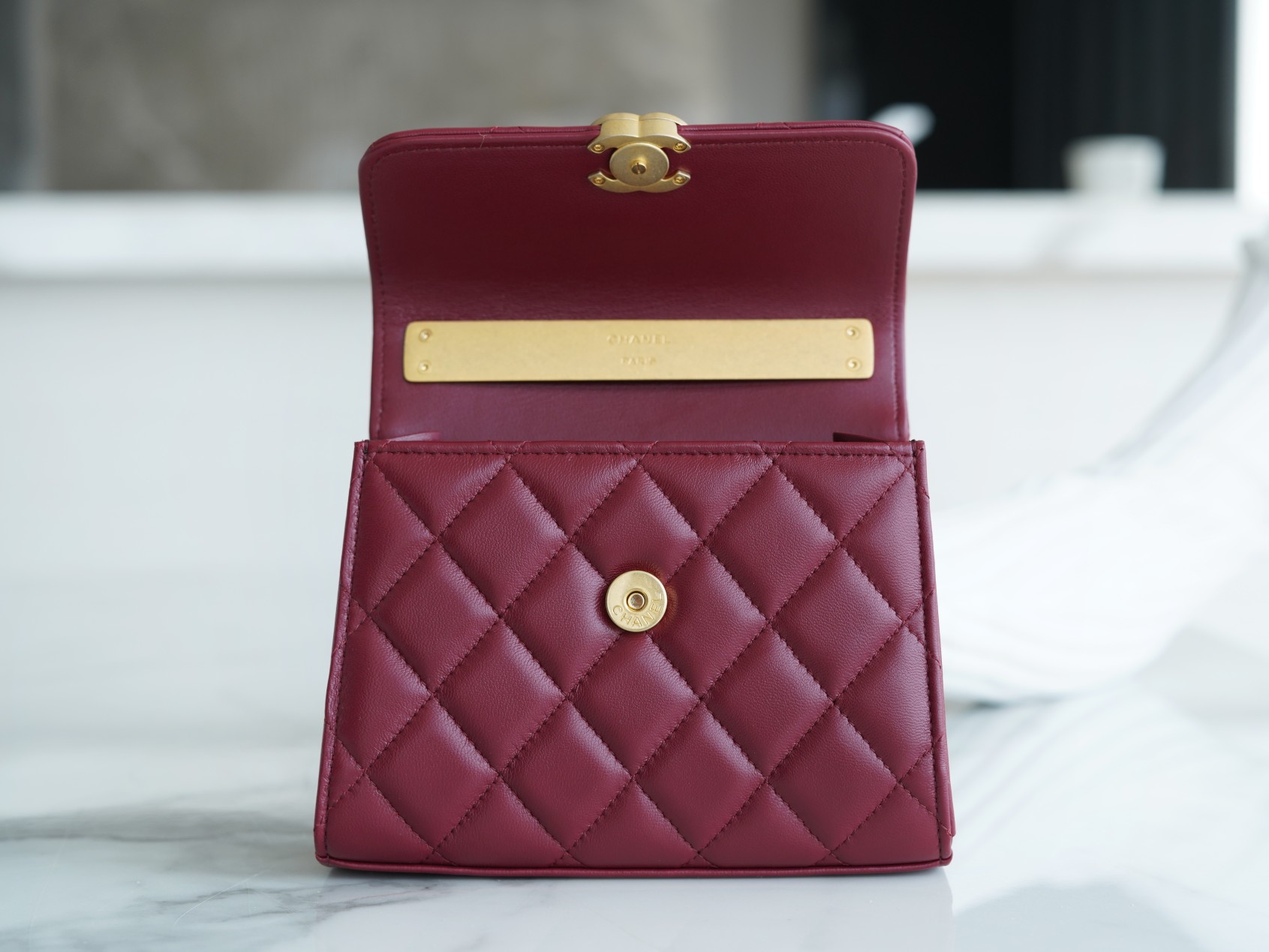 Chanel 22B Enamel Handle Chain Bag Medium Wine Red  