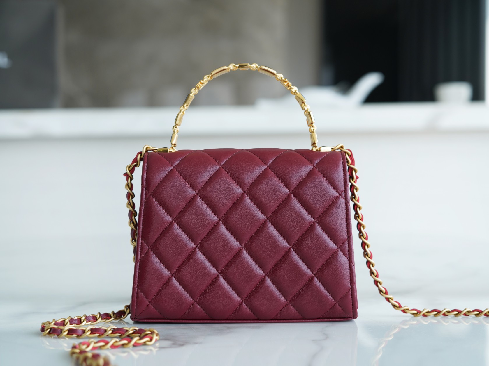 Chanel 22B Enamel Handle Chain Bag Medium Wine Red  