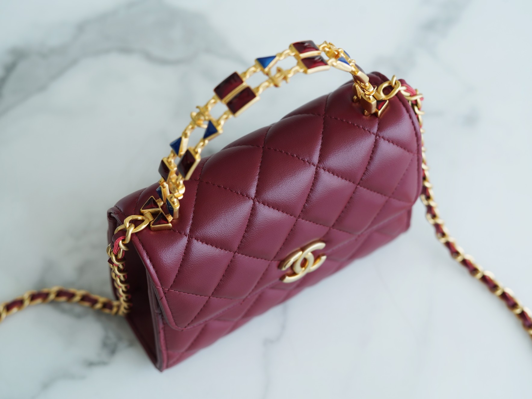 Chanel 22B Enamel Handle Chain Bag Medium Wine Red  