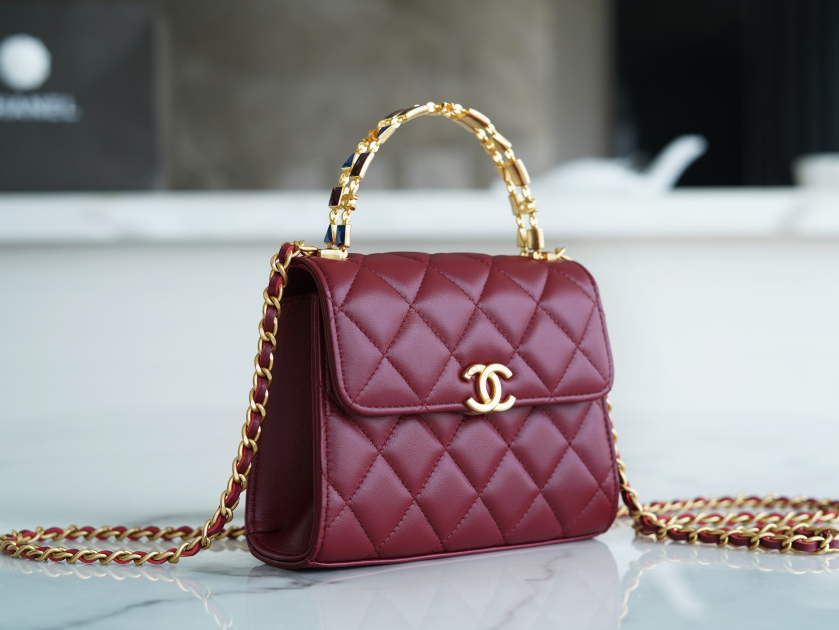 Chanel 22B Enamel Handle Chain Bag Medium Wine Red  