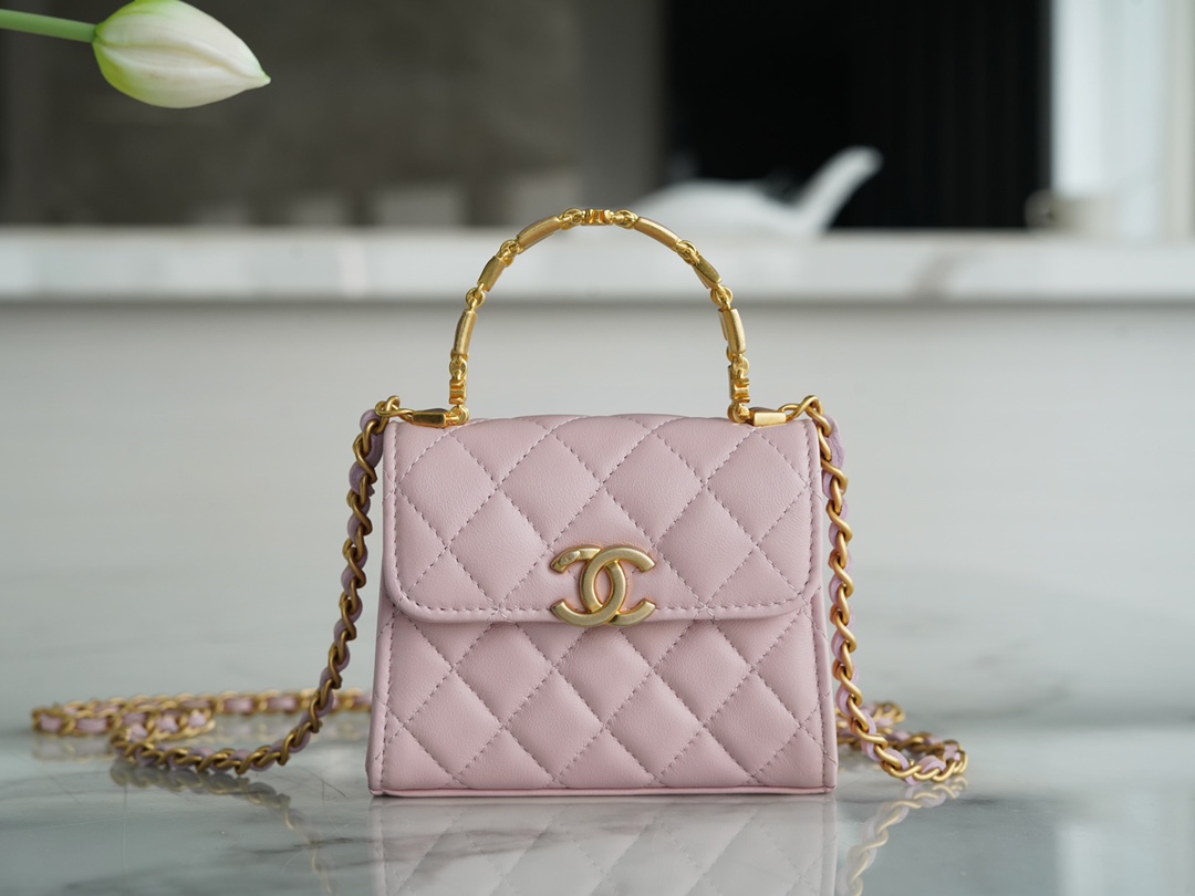 Chanel 22B Enamel Handle Chain Bag Small Pink  