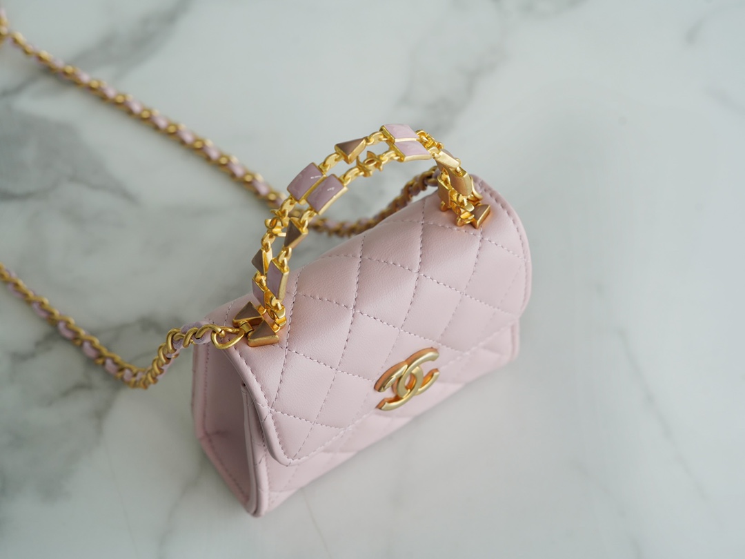 Chanel 22B Enamel Handle Chain Bag Small Pink  