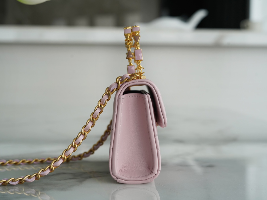 Chanel 22B Enamel Handle Chain Bag Small Pink  