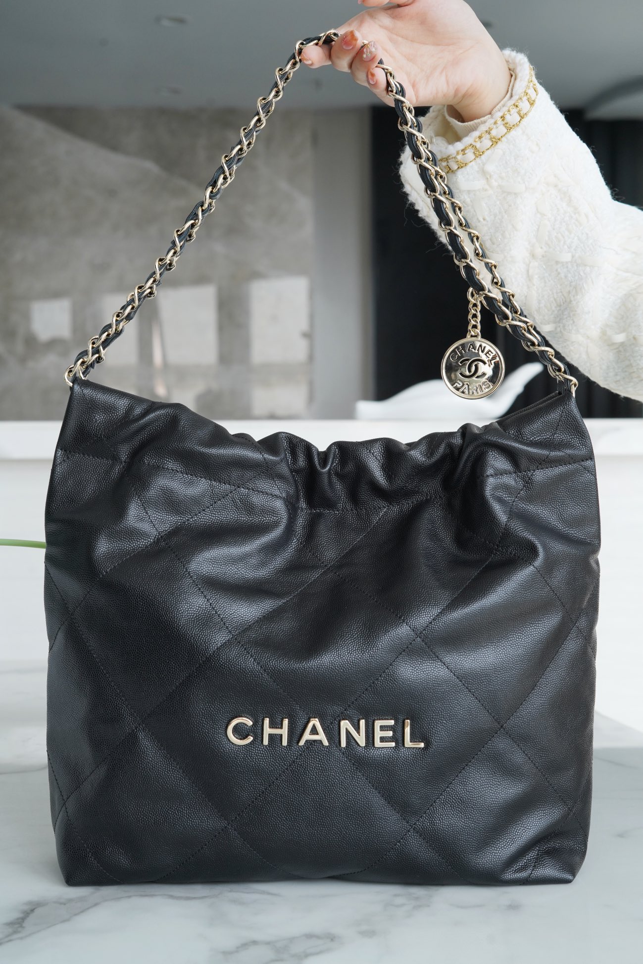 Chanel 22P 22 Bag Black and Gold Caviar Calfskin  