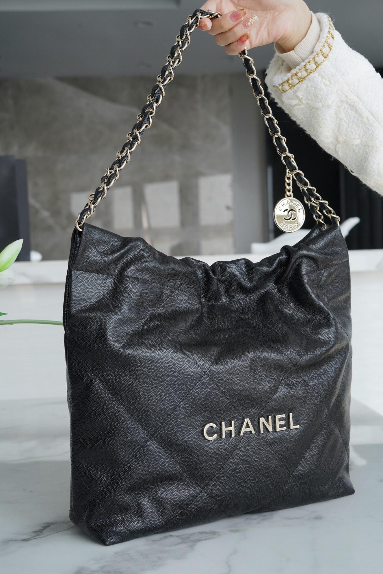 Chanel 22P 22 Bag Black and Gold Caviar Calfskin  