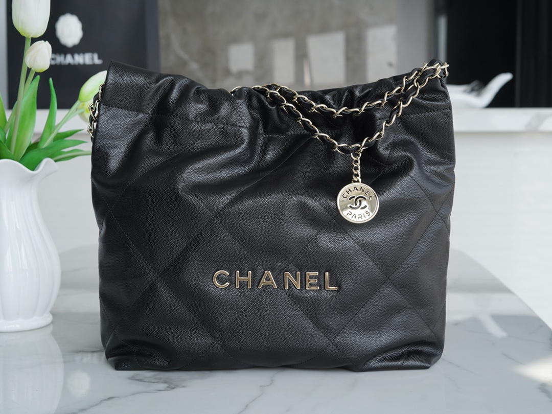 Chanel 22P 22 Bag Black and Gold Caviar Calfskin  