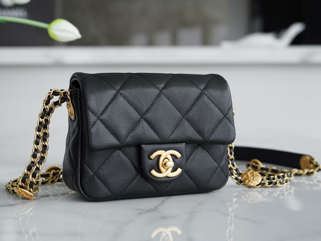 Chanel 22A Gold Flap Bag Square Lizard-Print Calfskin with Vintage Gold Clasp  