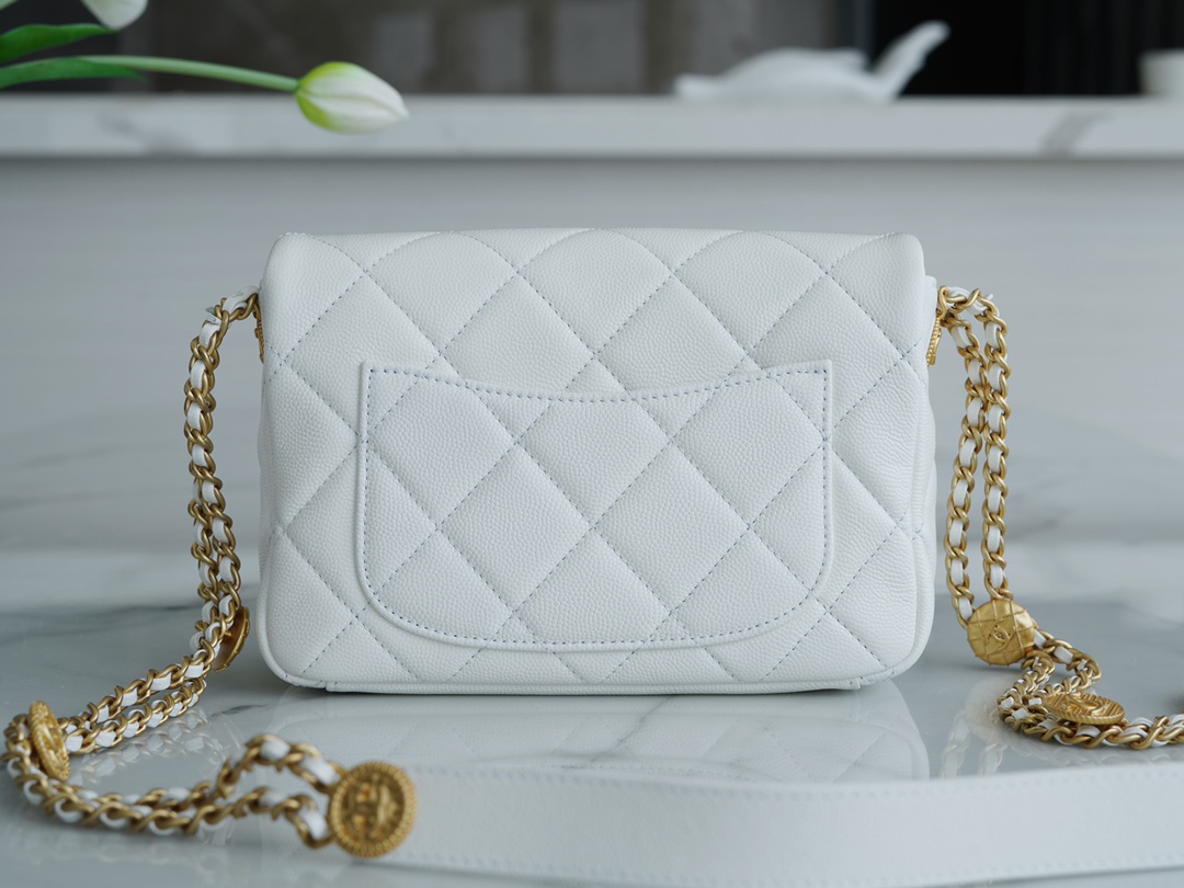 Chanel 22A Gold Flap Mini White Lizard-Print Calfskin with Vintage Gold Clasp  