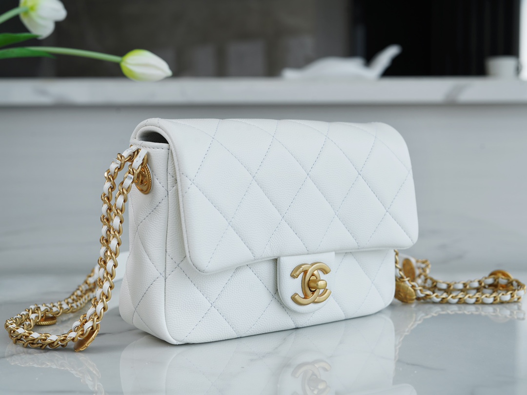 Chanel 22A Gold Flap Mini White Lizard-Print Calfskin with Vintage Gold Clasp  