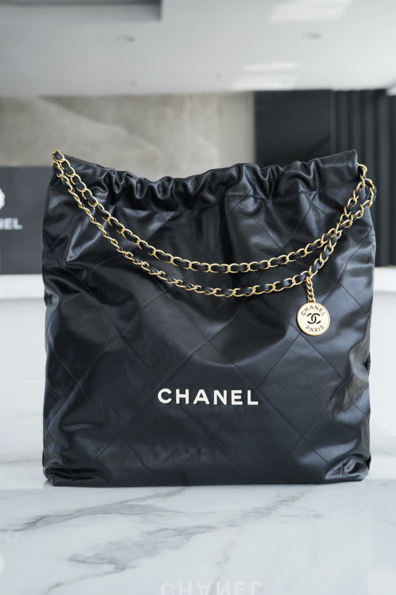 Chanel 22P 22 Bag Large Black with White Buckle Calfskin  