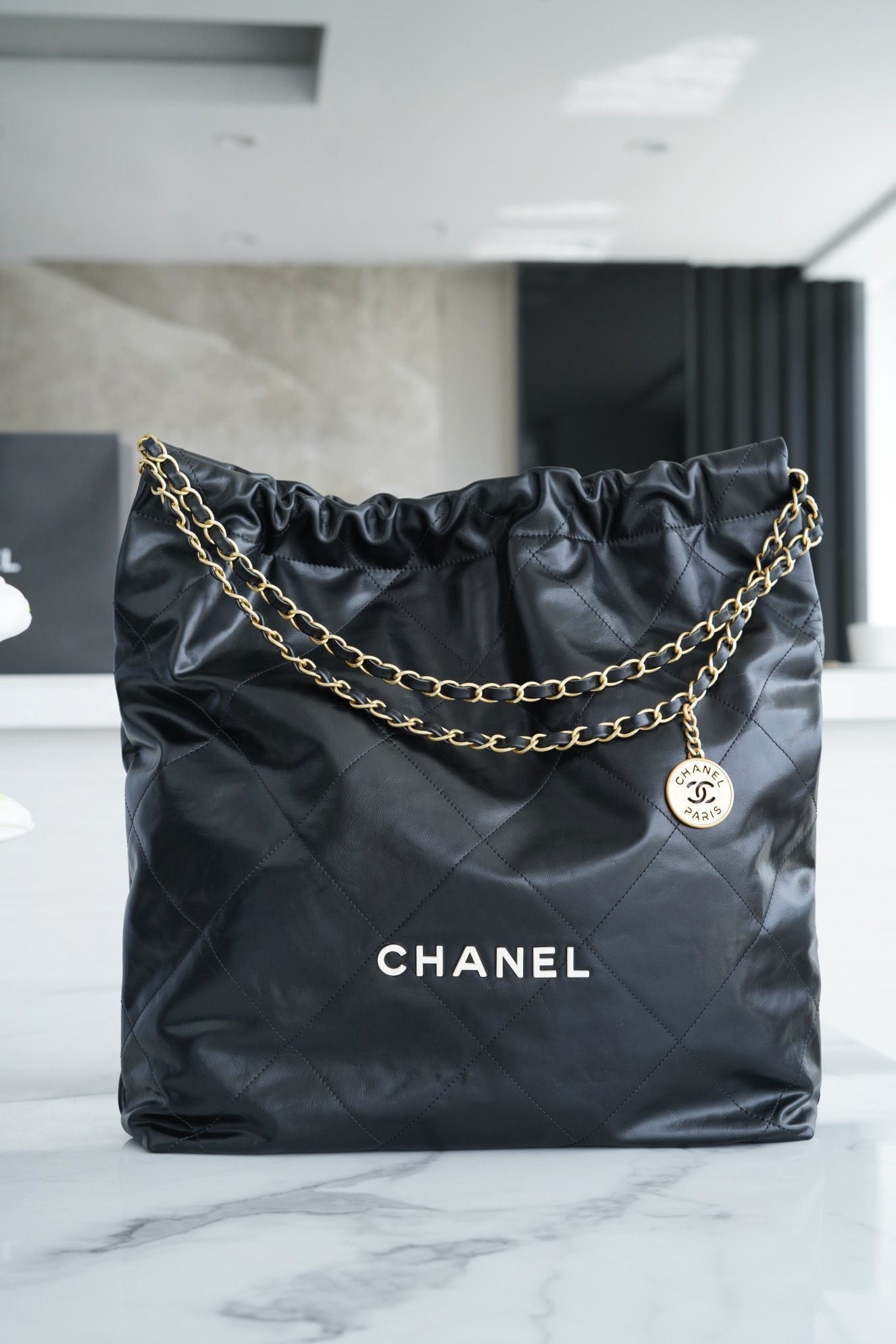 Chanel 22P 22 Bag Large Black with White Buckle Calfskin  