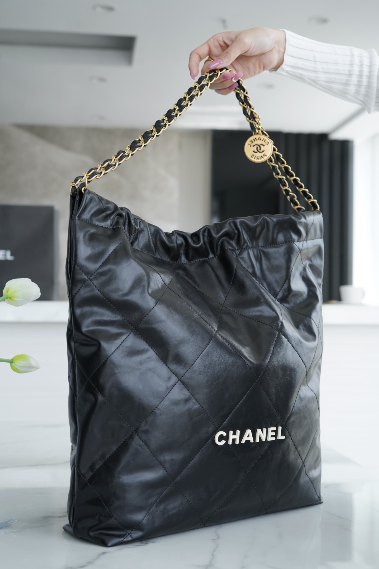 Chanel 22P 22 Bag Large Black with White Buckle Calfskin  