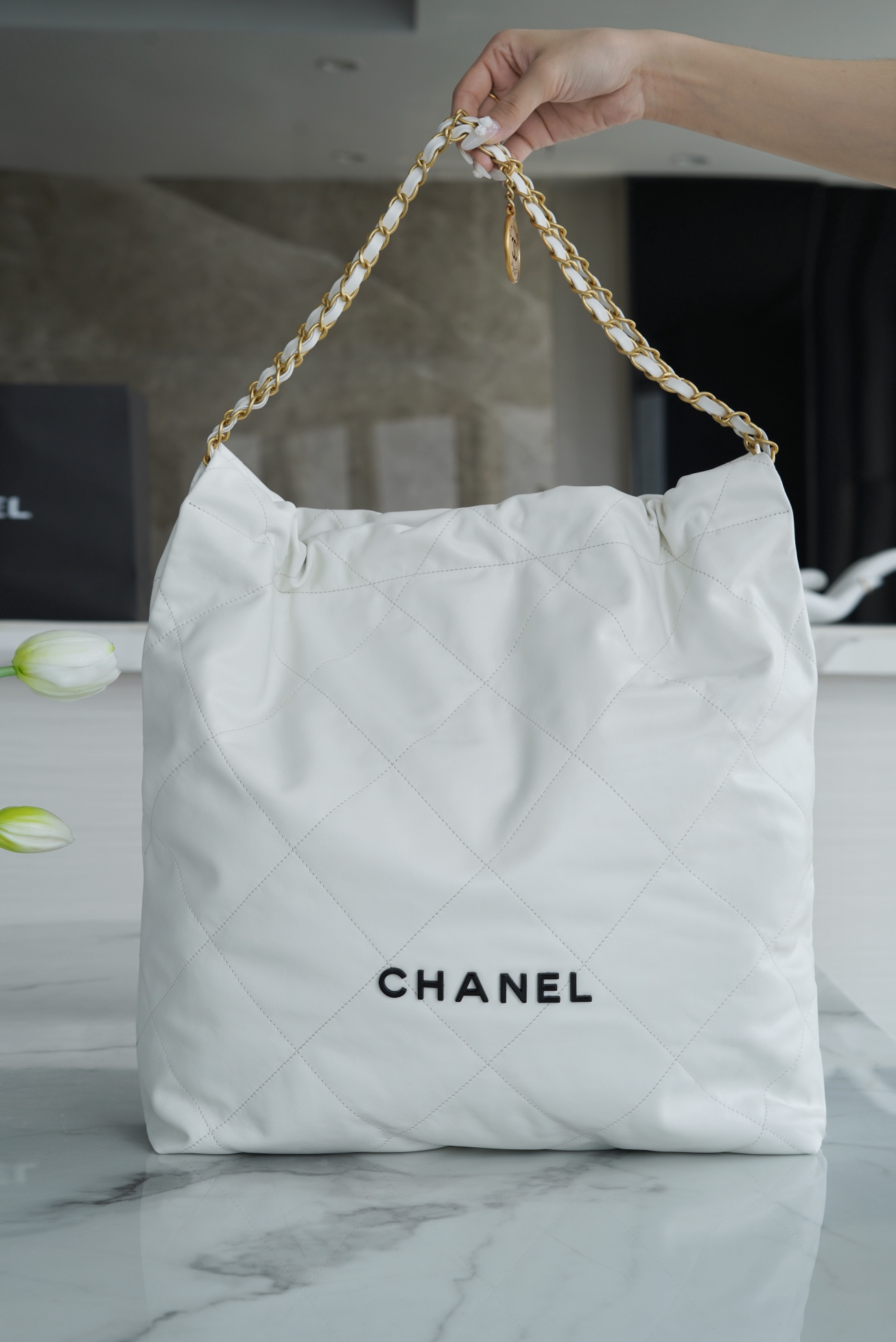 Chanel 22P 22 Bag Large White Glossy Calfskin  