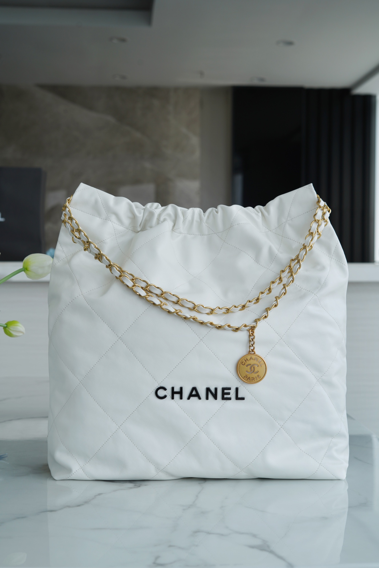 Chanel 22P 22 Bag Large White Glossy Calfskin  