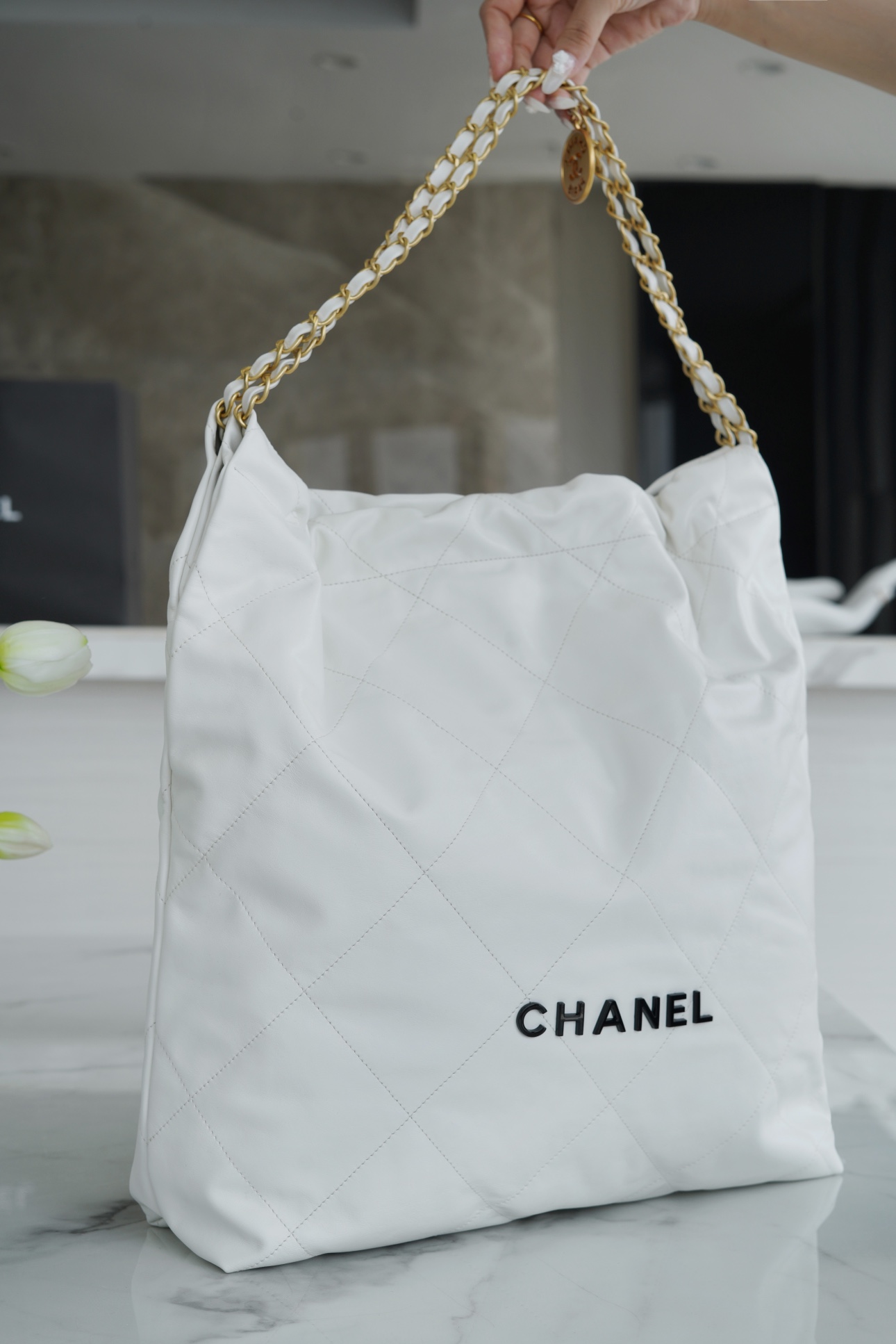 Chanel 22P 22 Bag Large White Glossy Calfskin  