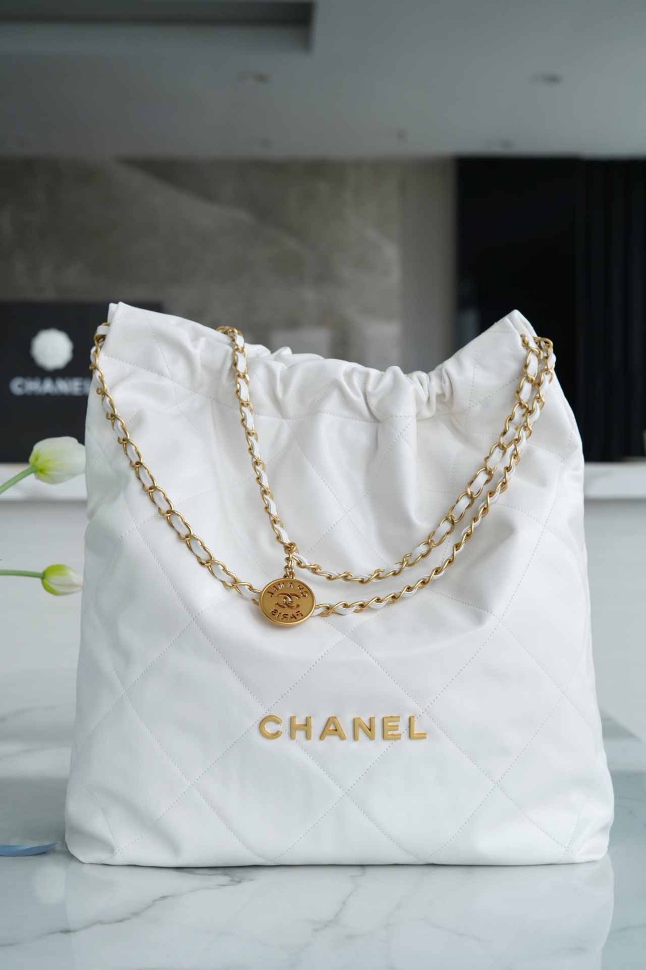 Chanel 22P 22 Bag Large White with Gold Buckle Calfskin  