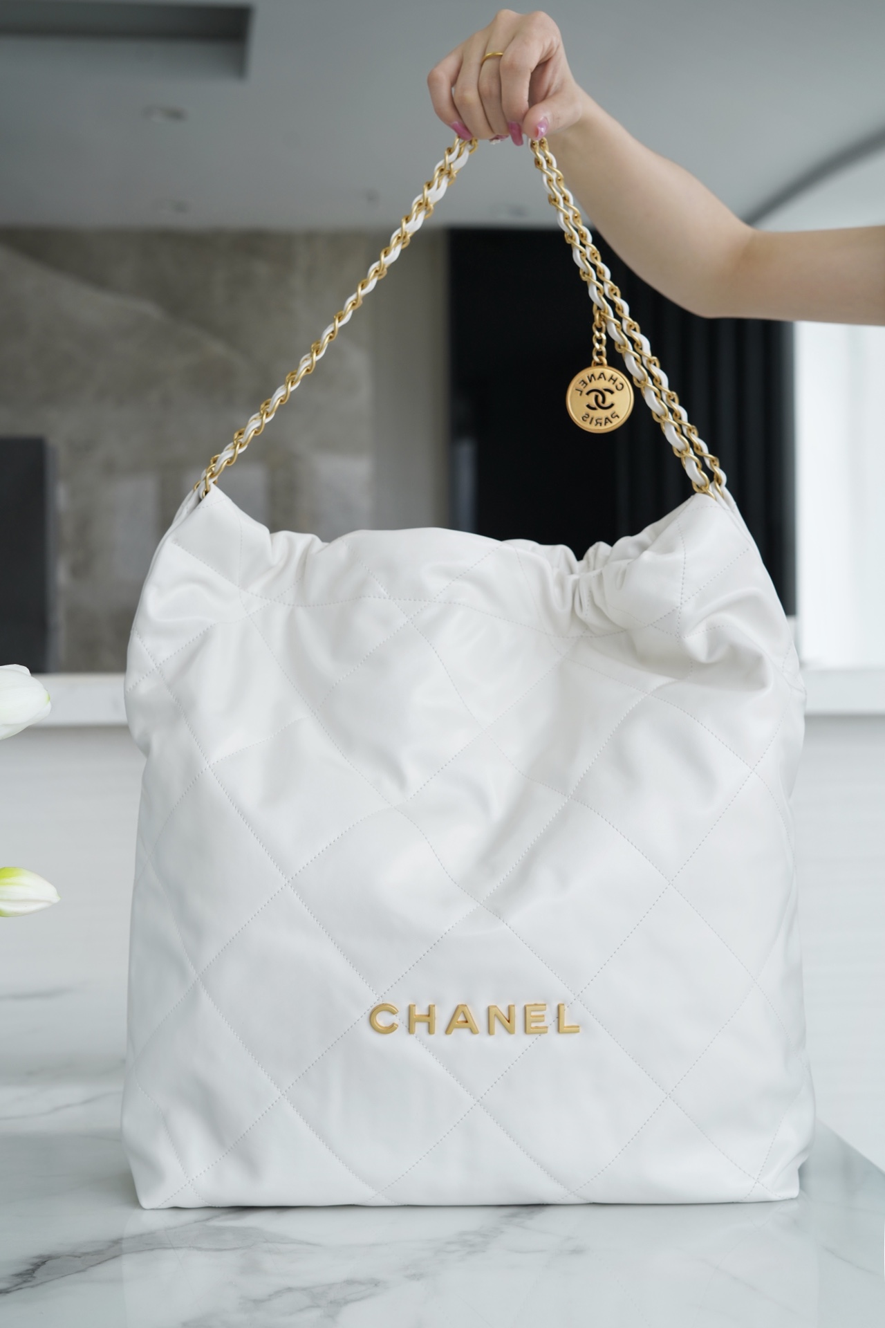 Chanel 22P 22 Bag Large White with Gold Buckle Calfskin  