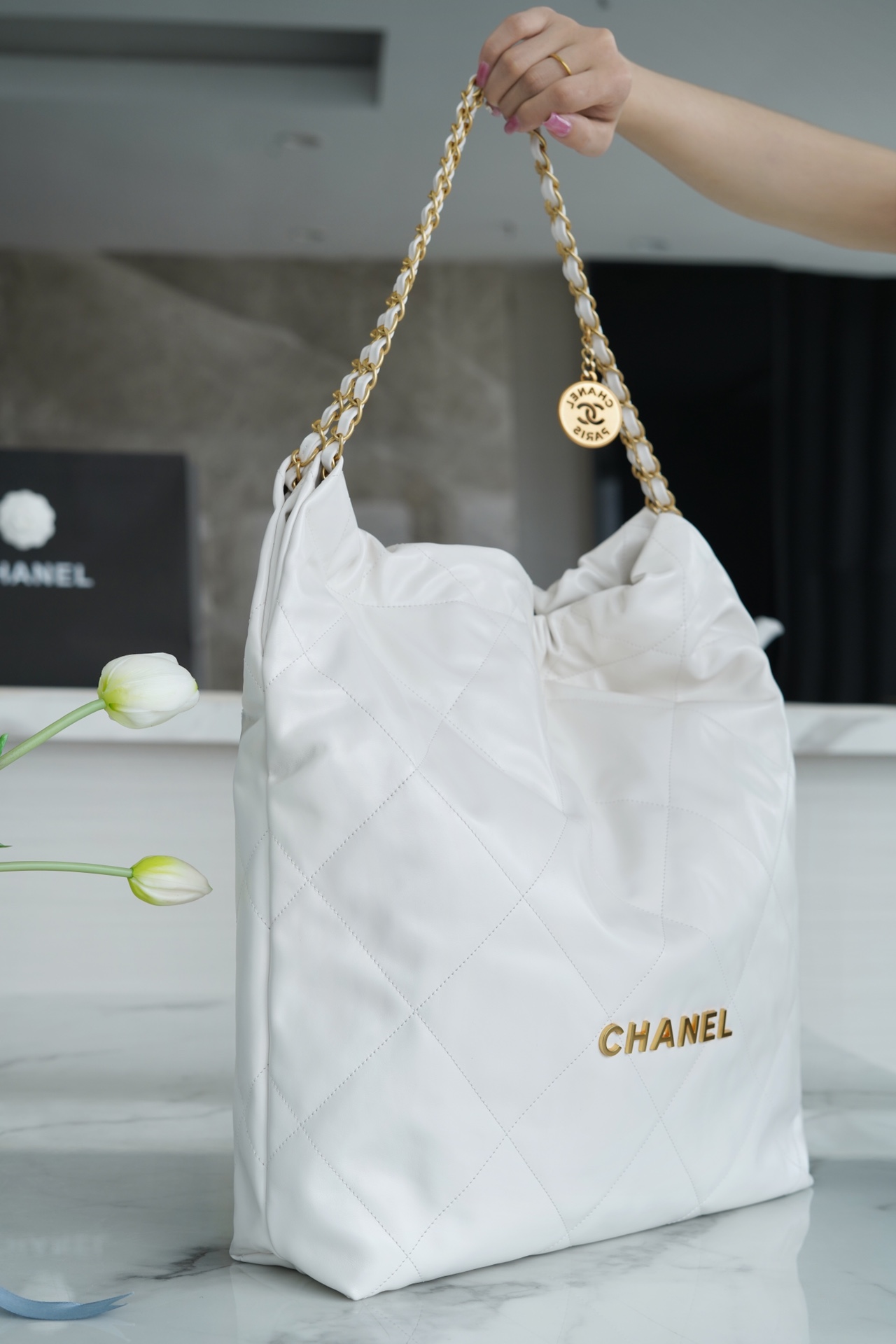 Chanel 22P 22 Bag Large White with Gold Buckle Calfskin  